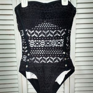 Black One Piece Swimsuit - Lacey Cutout Pattern